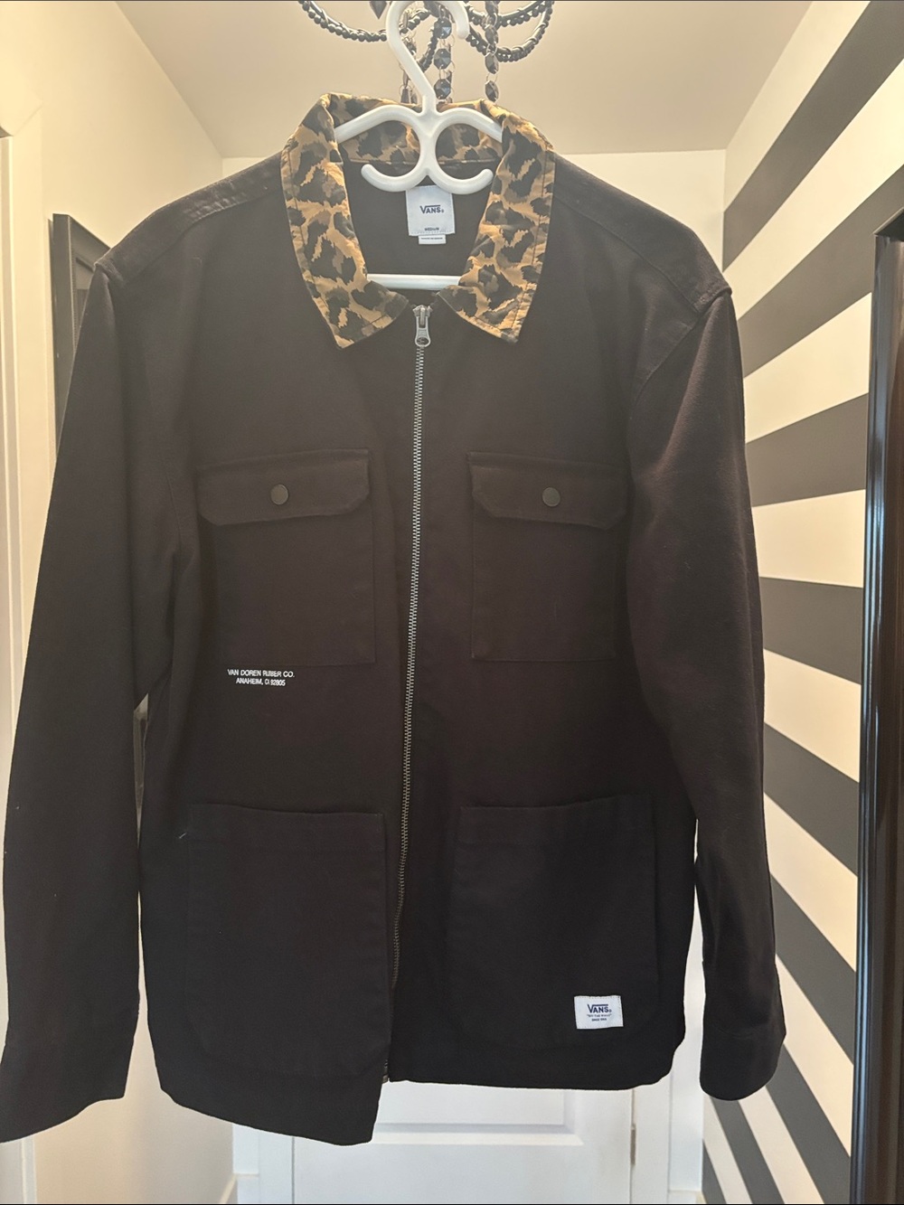 Vans Black Jacket with Leopard-Print Collar